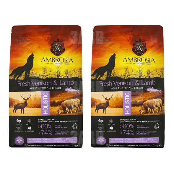 Ambrosia Dry Food for Adult all Breeds Venison & Lamb 2kg - Pack of 2