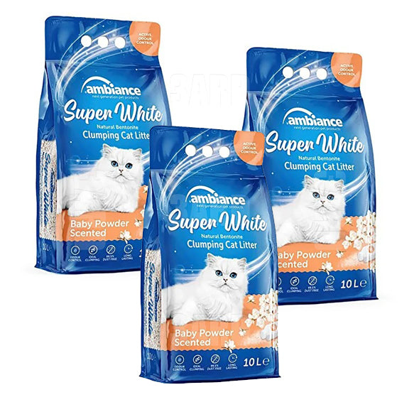 Ambiance Super White Cat Litter Baby Powder 10L - Pack of 3