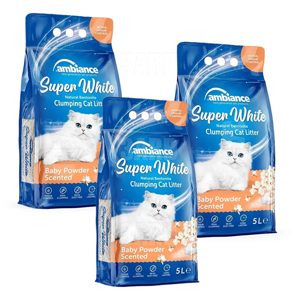 Ambiance Super White Cat Litter Baby Powder 5L - Pack of 3
