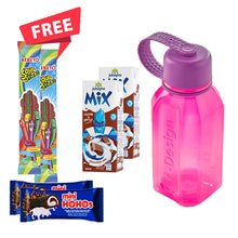 Load image into Gallery viewer, M-Design Bottle 500ml+ 2 Juhayna Mix Chocolate Milk 200ml + 2 Bebeto Sour Stick + 2 Hohos Blue
