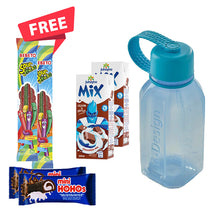 Load image into Gallery viewer, M-Design Bottle 500ml+ 2 Juhayna Mix Chocolate Milk 200ml + 2 Bebeto Sour Stick + 2 Hohos Blue
