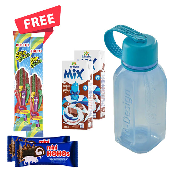 M-Design Bottle 500ml+ 2 Juhayna Mix Chocolate Milk 200ml + 2 Bebeto Sour Stick + 2 Hohos Blue