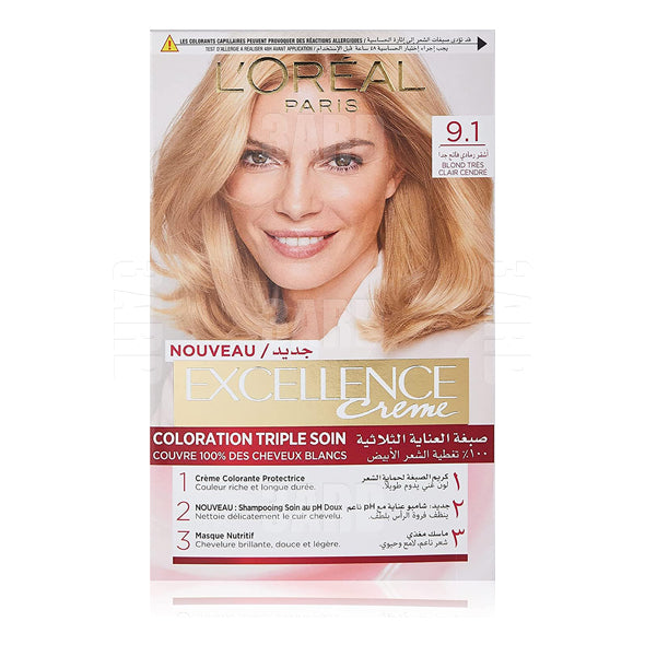 Loreal Paris Excellence Creme Haircolor 9.1 Very Light Ash Blonde - Pack of 1