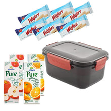 Load image into Gallery viewer, M-design Lunch Box 1.1L + 6 Bisco Misr Wafer + 2 Juhayna Pure 200ml (Orange + Apple)
