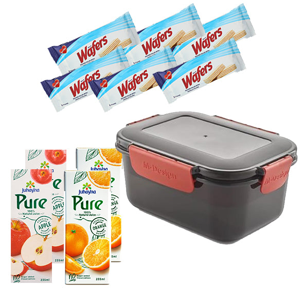 M-design Lunch Box 1.1L + 6 Bisco Misr Wafer + 2 Juhayna Pure 200ml (Orange + Apple)