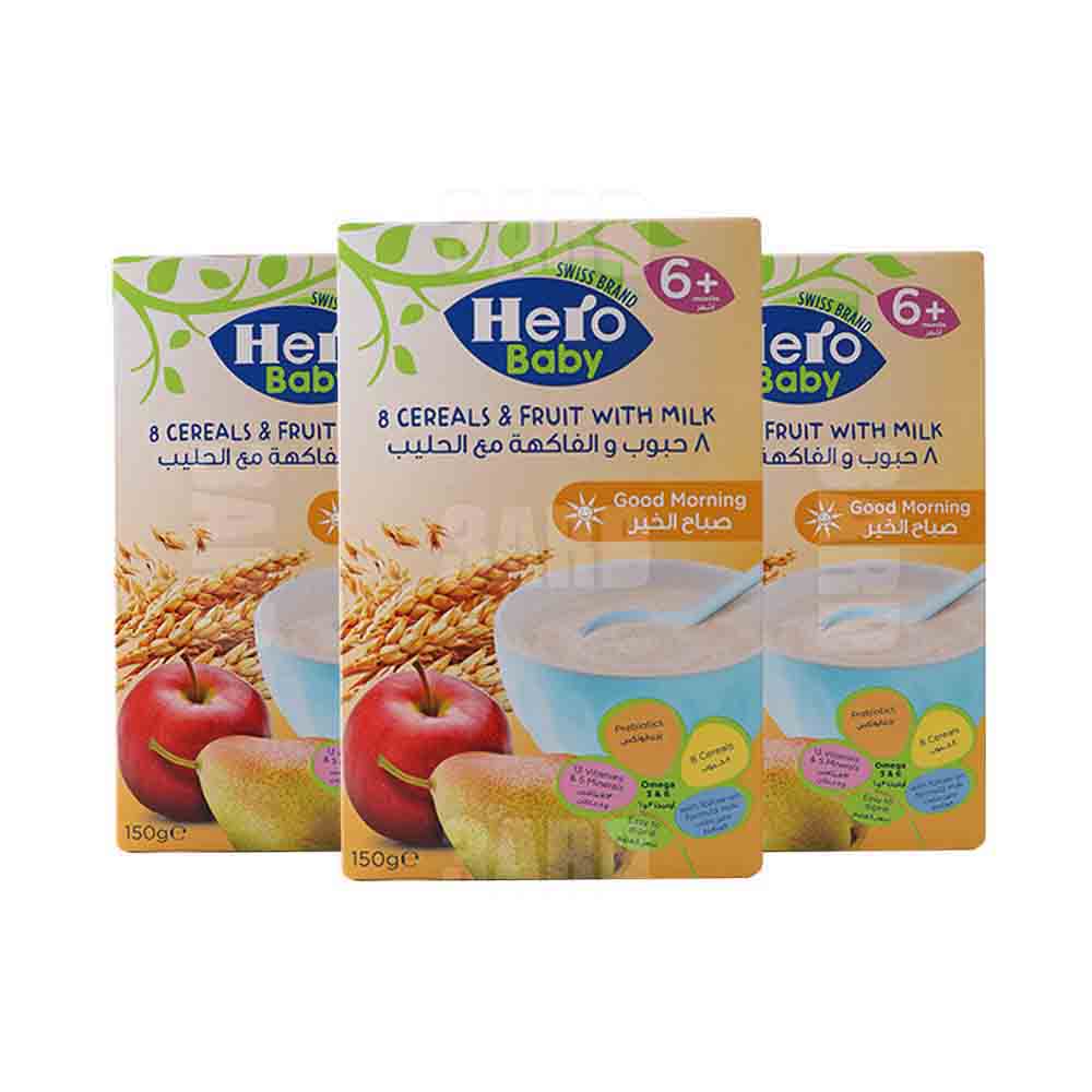 هيرو بيبي طعام أطفال ٨ حبوب مع الفواكه و الحليب ١٥٠ جم - ٣ عبوة